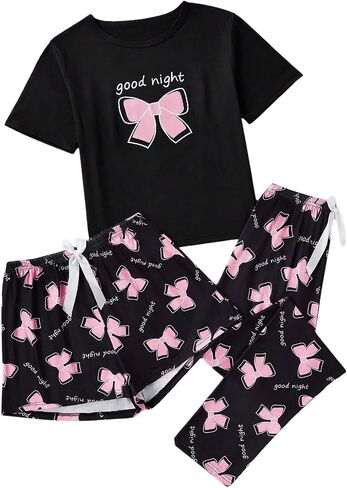 WDIRARA Women's 3 Piece Plaid Heart Print Pajama Set Short Sleeve Tee Lounge Shorts and Pants Sleepwear in Saudi Arabia