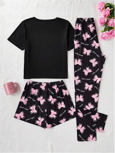 WDIRARA Women's 3 Piece Plaid Heart Print Pajama Set Short Sleeve Tee Lounge Shorts and Pants Sleepwear in Saudi Arabia