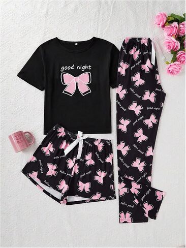 WDIRARA Women's 3 Piece Plaid Heart Print Pajama Set Short Sleeve Tee Lounge Shorts and Pants Sleepwear in Saudi Arabia