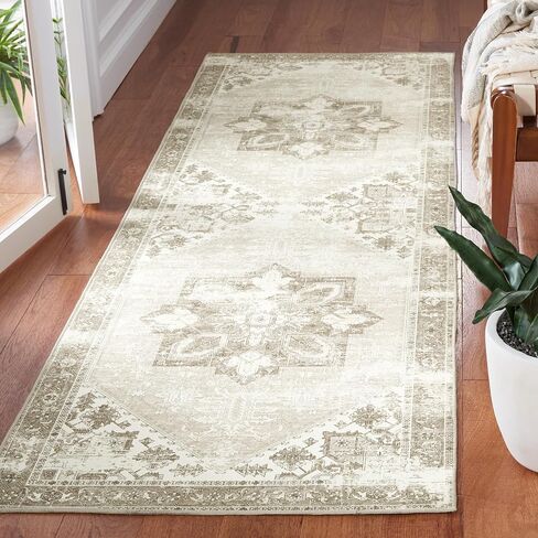 SAFAVIEH Washable Rug Tucson Collection - 2'6' x 6' Runner, Sage & Ivory, Slip Resistant, Ideal for High Traffic Areas in Living Room, Hallway, Foyer, Kitchen, Bedroom (TSN102W-26) in Saudi Arabia