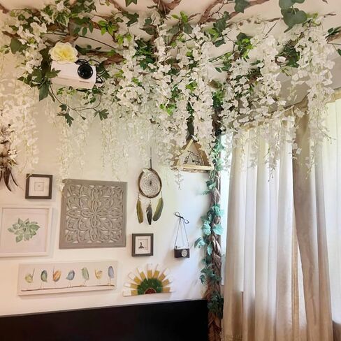 HUAHUA Artificial Wisteria Flowers, White Dense Artificial Fake Wisteria Vine Ratta Hanging Garland Silk Flowers String for Home Party Wedding Decor (24pcs White) in Kuwait