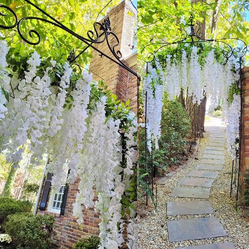 HUAHUA Artificial Wisteria Flowers, White Dense Artificial Fake Wisteria Vine Ratta Hanging Garland Silk Flowers String for Home Party Wedding Decor (24pcs White) in Kuwait