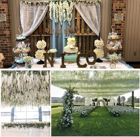 HUAHUA Artificial Wisteria Flowers, White Dense Artificial Fake Wisteria Vine Ratta Hanging Garland Silk Flowers String for Home Party Wedding Decor (24pcs White) in Kuwait