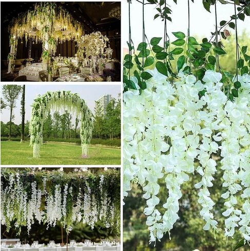 HUAHUA Artificial Wisteria Flowers, White Dense Artificial Fake Wisteria Vine Ratta Hanging Garland Silk Flowers String for Home Party Wedding Decor (24pcs White) in Kuwait