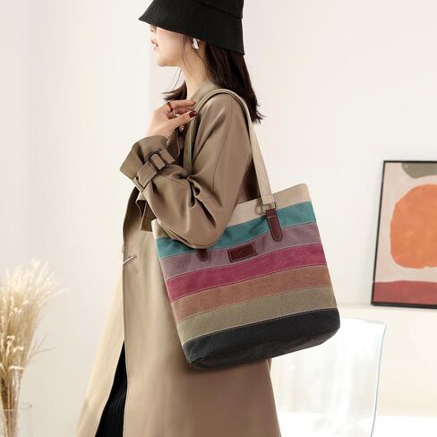 Striped Canvas Tote Bag for Women - Crossbody Shoulder Purse Women's Tote Bag Purse in Saudi Arabia