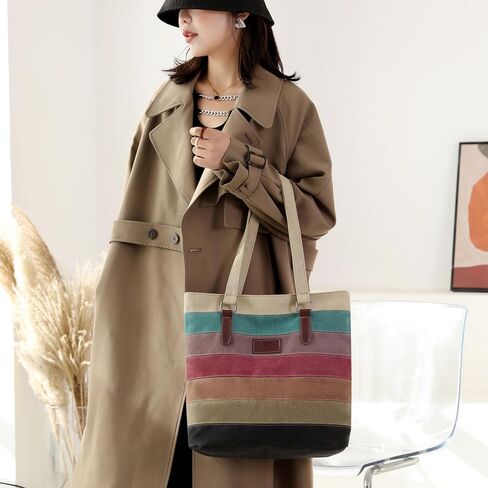 Striped Canvas Tote Bag for Women - Crossbody Shoulder Purse Women's Tote Bag Purse in Saudi Arabia