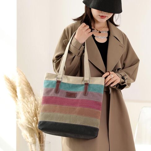 Striped Canvas Tote Bag for Women - Crossbody Shoulder Purse Women's Tote Bag Purse in Saudi Arabia