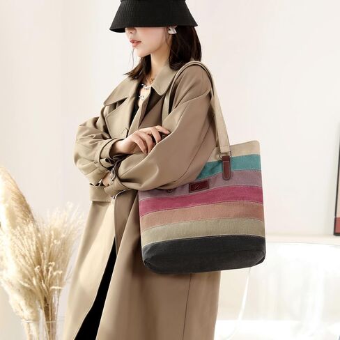 Striped Canvas Tote Bag for Women - Crossbody Shoulder Purse Women's Tote Bag Purse in Saudi Arabia