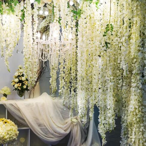 HUAHUA Artificial Wisteria Flowers, White Dense Artificial Fake Wisteria Vine Ratta Hanging Garland Silk Flowers String for Home Party Wedding Decor (24pcs White) in Kuwait