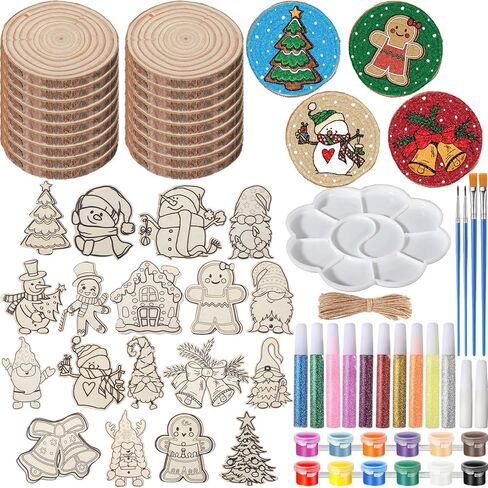 Outus 36 Pcs DIY Christmas Tree Ornaments Set Wooden Unfinished Christmas Crafts with Hole, Jute Twine, Acrylic Paint, Markers and Adhesive for Crafting Painting Christmas Hanging Decorations in Saudi Arabia