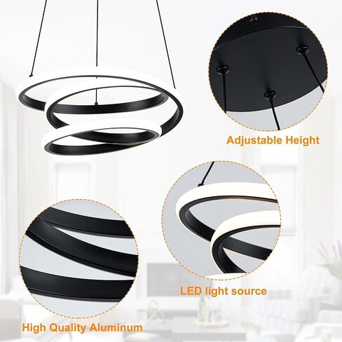 ثريا LED حديثة Mayful، ضوء قلادة أسود، ثريات ارتفاع قابلة للتعديل مع شكل حلقة دائرية، ثريات حديثة لغرفة الطعام، المطبخ، غرفة المعيشة، غرفة النوم، 6000K ضوء النهار in Kuwait