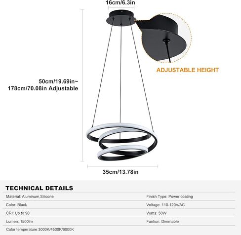 ثريا LED حديثة Mayful، ضوء قلادة أسود، ثريات ارتفاع قابلة للتعديل مع شكل حلقة دائرية، ثريات حديثة لغرفة الطعام، المطبخ، غرفة المعيشة، غرفة النوم، 6000K ضوء النهار in Kuwait