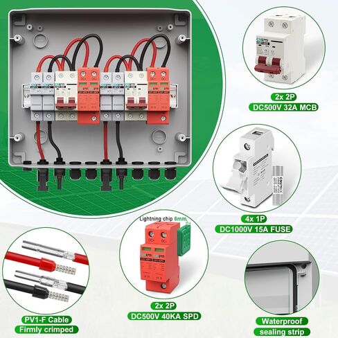 2 String Solar PV Combiner Box 2 in 2 Out IP65 DC500V 32A Circuit Breaker with Surge Protector and 15A PV Fuse,Solar Disconnect Switch Outdoor Waterproof for Solar Panels System in Saudi Arabia