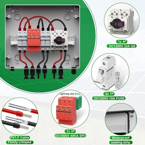 2 String Solar PV Combiner Box 2 in 2 Out IP65 DC500V 32A Circuit Breaker with Surge Protector and 15A PV Fuse,Solar Disconnect Switch Outdoor Waterproof for Solar Panels System in Saudi Arabia