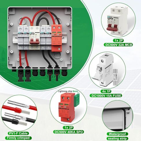 2 سلسلة الطاقة الشمسية الكهروضوئية صندوق الموحد 2 في 2 خارج IP65 DC500V 32A قاطع الدائرة مع حامي عرام و 15A الكهروضوئية الصمامات، مفتاح فصل الطاقة الشمسية في الهواء الطلق مقاوم للماء لنظام الألواح الشمسية in Kuwait