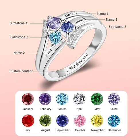 MissNaNa 925 خواتم أمهات من الفضة الإسترليني مخصصة مع أحجار ميلاد مقلدة محفورة 1-6 أسماء عائلية خواتم عيد الأم خواتم عائلية مخصصة للنساء in Kuwait