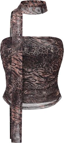 Women's Leopard Print Tube Top Cheetah Print Top Ruched Strapless Mesh Halter Tops for Women Going Out Party in Kuwait