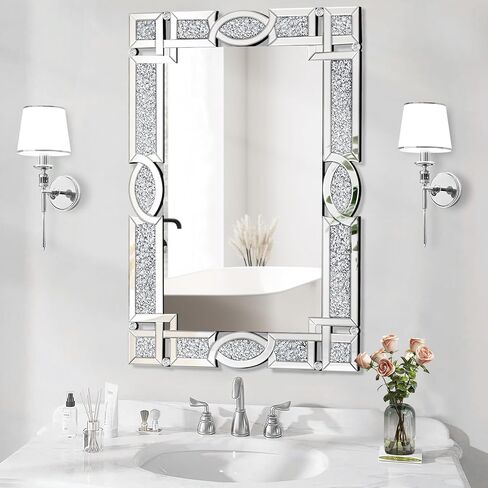 Crushed Diamond Mirrors for Wall Decor, 36''x24'' Rectangle Silver Decorative Bathroom Mirrors, Wall-Mounted Mirrors for Living Room, Dining Room, Entryway, Bedroom in Saudi Arabia