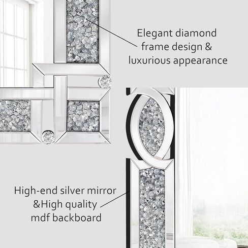 Crushed Diamond Mirrors for Wall Decor, 36''x24'' Rectangle Silver Decorative Bathroom Mirrors, Wall-Mounted Mirrors for Living Room, Dining Room, Entryway, Bedroom in Saudi Arabia