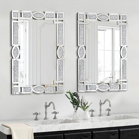 Crushed Diamond Mirrors for Wall Decor, 36''x24'' Rectangle Silver Decorative Bathroom Mirrors, Wall-Mounted Mirrors for Living Room, Dining Room, Entryway, Bedroom in Saudi Arabia