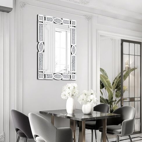Crushed Diamond Mirrors for Wall Decor, 36''x24'' Rectangle Silver Decorative Bathroom Mirrors, Wall-Mounted Mirrors for Living Room, Dining Room, Entryway, Bedroom in Saudi Arabia