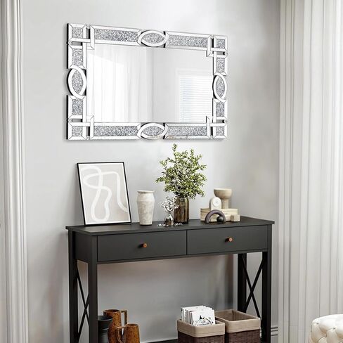 Crushed Diamond Mirrors for Wall Decor, 36''x24'' Rectangle Silver Decorative Bathroom Mirrors, Wall-Mounted Mirrors for Living Room, Dining Room, Entryway, Bedroom in Saudi Arabia