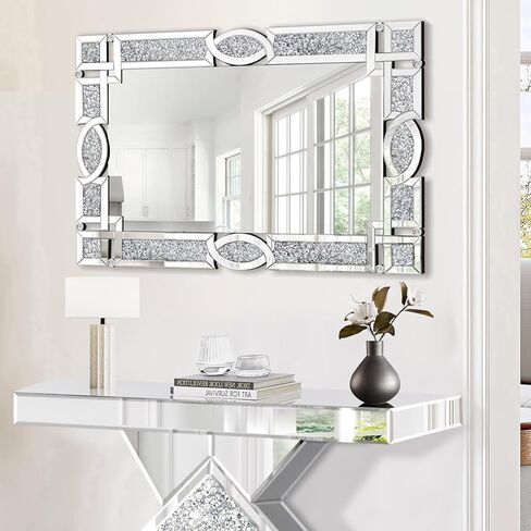 Crushed Diamond Mirrors for Wall Decor, 36''x24'' Rectangle Silver Decorative Bathroom Mirrors, Wall-Mounted Mirrors for Living Room, Dining Room, Entryway, Bedroom in Saudi Arabia