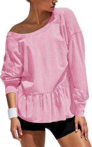 Fisoew Womens Long Sleeve Sweatshirts Crew Neck Peplum Crop Tops Casual Loose Fit Cutout Back Tee Shirts in Saudi Arabia