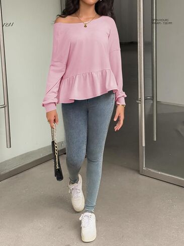 Fisoew Womens Long Sleeve Sweatshirts Crew Neck Peplum Crop Tops Casual Loose Fit Cutout Back Tee Shirts in Saudi Arabia