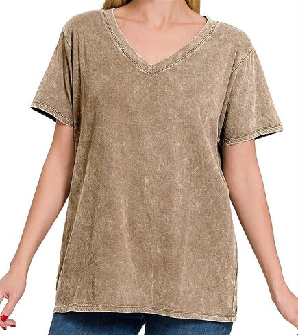 Dreamer P Women’s Short Sleeve V Neck Mineral Wash Cotton T Shirt Top Blouse Tunic S-3XL in Saudi Arabia
