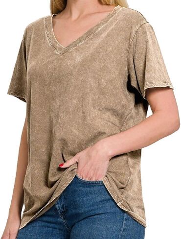 Dreamer P Women’s Short Sleeve V Neck Mineral Wash Cotton T Shirt Top Blouse Tunic S-3XL in Saudi Arabia