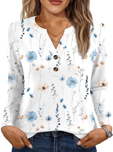 Dealmore Women's Long Sleeve Henley Shirts Print Dressy Casual Blouses Trendy Boho Tunic Tops Loose Fit Fall Fashion Clothes in Kuwait