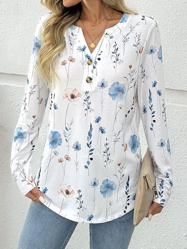 Dealmore Women's Long Sleeve Henley Shirts Print Dressy Casual Blouses Trendy Boho Tunic Tops Loose Fit Fall Fashion Clothes in Kuwait
