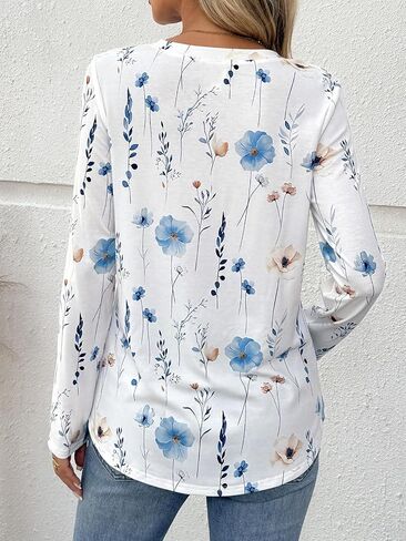 Dealmore Women's Long Sleeve Henley Shirts Print Dressy Casual Blouses Trendy Boho Tunic Tops Loose Fit Fall Fashion Clothes in Kuwait