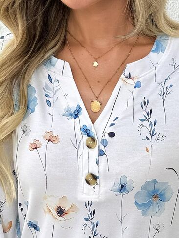 Dealmore Women's Long Sleeve Henley Shirts Print Dressy Casual Blouses Trendy Boho Tunic Tops Loose Fit Fall Fashion Clothes in Kuwait