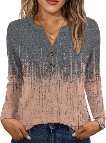 Dealmore Women's Long Sleeve Henley Shirts Print Dressy Casual Blouses Trendy Boho Tunic Tops Loose Fit Fall Fashion Clothes in Kuwait