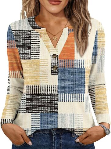 Dealmore Women's Long Sleeve Henley Shirts Print Dressy Casual Blouses Trendy Boho Tunic Tops Loose Fit Fall Fashion Clothes in Kuwait