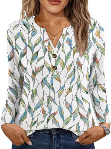 Dealmore Women's Long Sleeve Henley Shirts Print Dressy Casual Blouses Trendy Boho Tunic Tops Loose Fit Fall Fashion Clothes in Kuwait