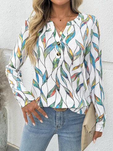 Dealmore Women's Long Sleeve Henley Shirts Print Dressy Casual Blouses Trendy Boho Tunic Tops Loose Fit Fall Fashion Clothes in Kuwait