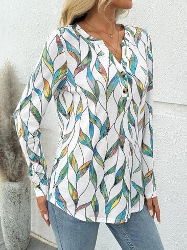 Dealmore Women's Long Sleeve Henley Shirts Print Dressy Casual Blouses Trendy Boho Tunic Tops Loose Fit Fall Fashion Clothes in Kuwait