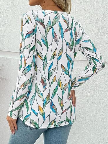 Dealmore Women's Long Sleeve Henley Shirts Print Dressy Casual Blouses Trendy Boho Tunic Tops Loose Fit Fall Fashion Clothes in Kuwait