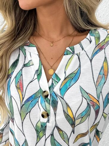 Dealmore Women's Long Sleeve Henley Shirts Print Dressy Casual Blouses Trendy Boho Tunic Tops Loose Fit Fall Fashion Clothes in Kuwait