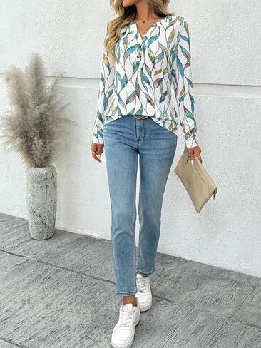 Dealmore Women's Long Sleeve Henley Shirts Print Dressy Casual Blouses Trendy Boho Tunic Tops Loose Fit Fall Fashion Clothes in Kuwait
