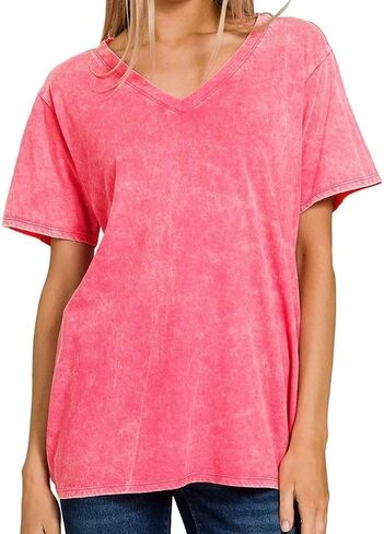 Dreamer P Women’s Short Sleeve V Neck Mineral Wash Cotton T Shirt Top Blouse Tunic S-3XL in Saudi Arabia
