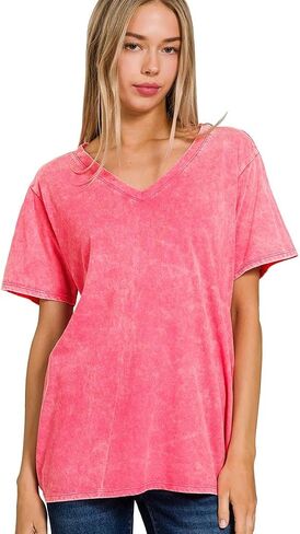 Dreamer P Women’s Short Sleeve V Neck Mineral Wash Cotton T Shirt Top Blouse Tunic S-3XL in Saudi Arabia
