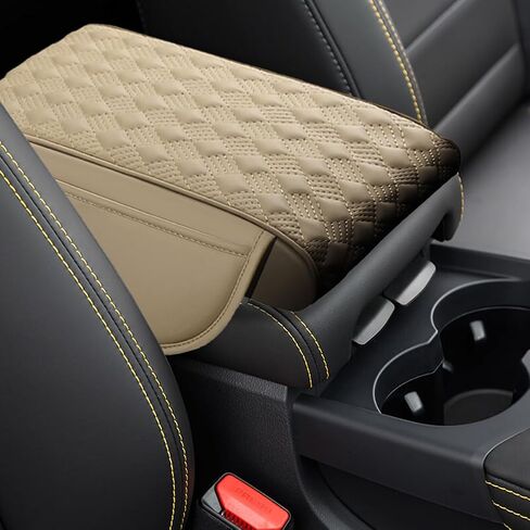 Car Center Console Cover with Storage Pocket, Waterproof Leather Car Armrest Cover Cushion Pad Distributes Elbow Stress, Non-Slip Middle Console Storage Box Covers for Most Vehicles (Beige) in Saudi Arabia
