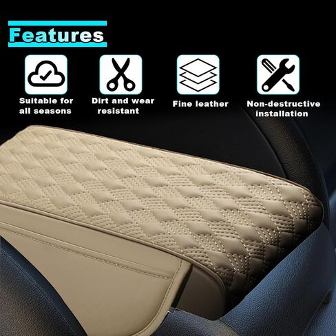 Car Center Console Cover with Storage Pocket, Waterproof Leather Car Armrest Cover Cushion Pad Distributes Elbow Stress, Non-Slip Middle Console Storage Box Covers for Most Vehicles (Beige) in Saudi Arabia