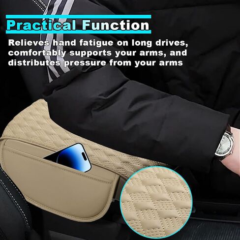 Car Center Console Cover with Storage Pocket, Waterproof Leather Car Armrest Cover Cushion Pad Distributes Elbow Stress, Non-Slip Middle Console Storage Box Covers for Most Vehicles (Beige) in Saudi Arabia