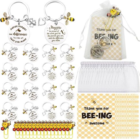 16 Set Bee Keychain Appreciation Bulk- Teacher Appreciation Gifts Bulk with Thank You Card & Bookmark &Organza Bags, Inspirational Keychains for Coworkers, Staff，Employee(Bee Clover/Bee Heart) in Saudi Arabia
