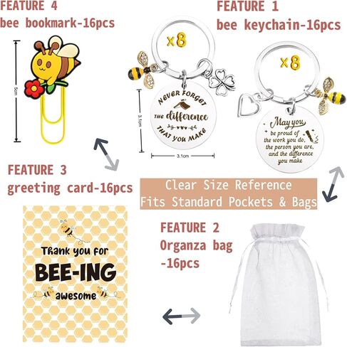 16 Set Bee Keychain Appreciation Bulk- Teacher Appreciation Gifts Bulk with Thank You Card & Bookmark &Organza Bags, Inspirational Keychains for Coworkers, Staff，Employee(Bee Clover/Bee Heart) in Saudi Arabia